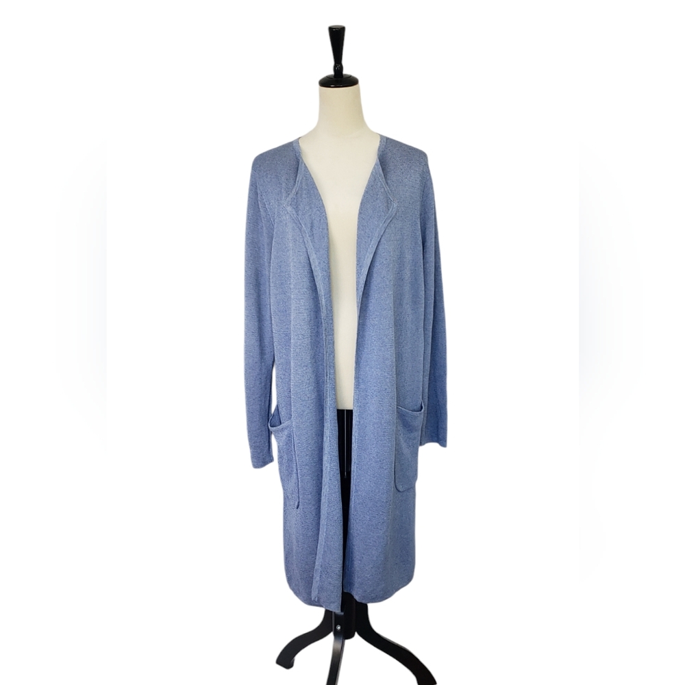 Juliette Collarless Linen Blend Sweater-Blazer Sz M Periwinkle Coastal Preppy - Picture 4 of 11